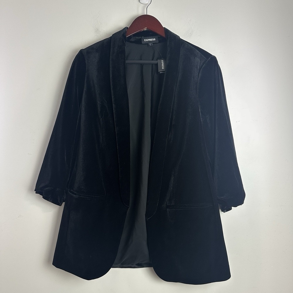 Express  Womens Black Velvet Open‎ Front Blazer L Longline Holiday Party New